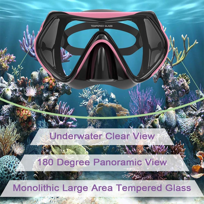 WACOOL Professional Snorkeling Snorkel Diving Scuba Package Set with Anti-Fog Coated Glass Purge Valve and Anti-Splash Silicon Mouth Piece for Men Women (Adults,Black+Pink) - Image 3